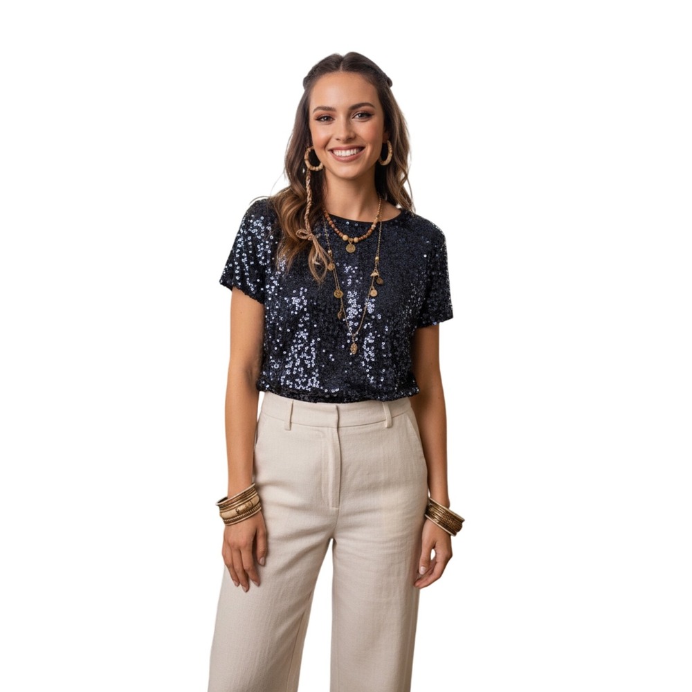 Leifsdottir XS Holiday Maximalist Swiftie Blue Full Sequin Short Sleeve Top